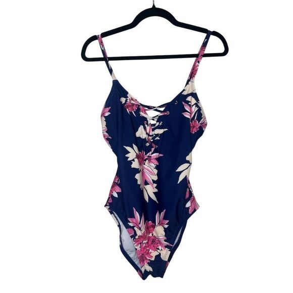 NWOT NAUTICA BLUE/PURPLE FLORAL LACE UP ONE PIECE SWIMSUIT WOMENS SIZE LARGE - Picture 3 of 10